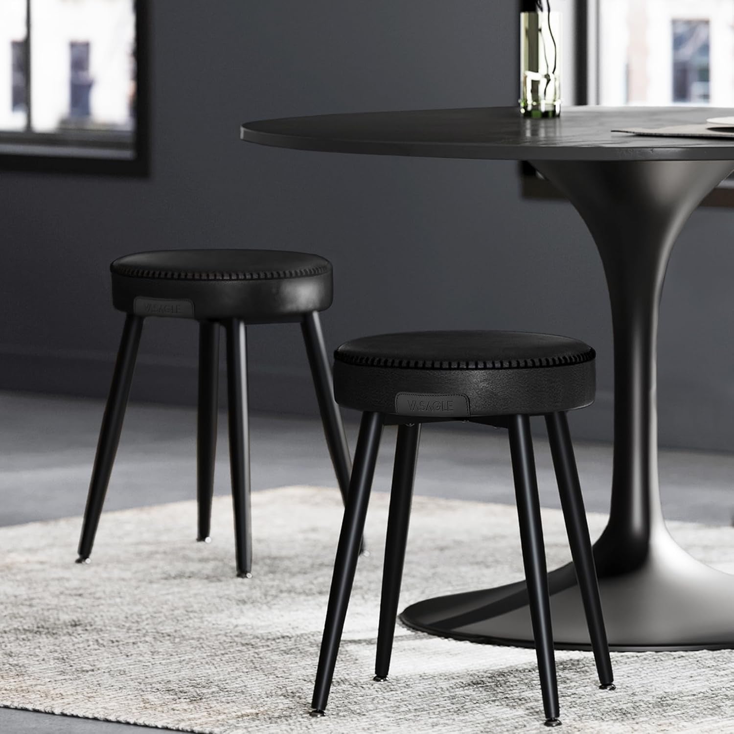 EKHO Collection - Dining Chairs Stools Set of 2, Upholstered Kitchen Chairs, Vanity Stools, Synthetic Leather with Stitching, Mid-Century Modern, 19-Inch Tall, Easy Assembly, Ink Black