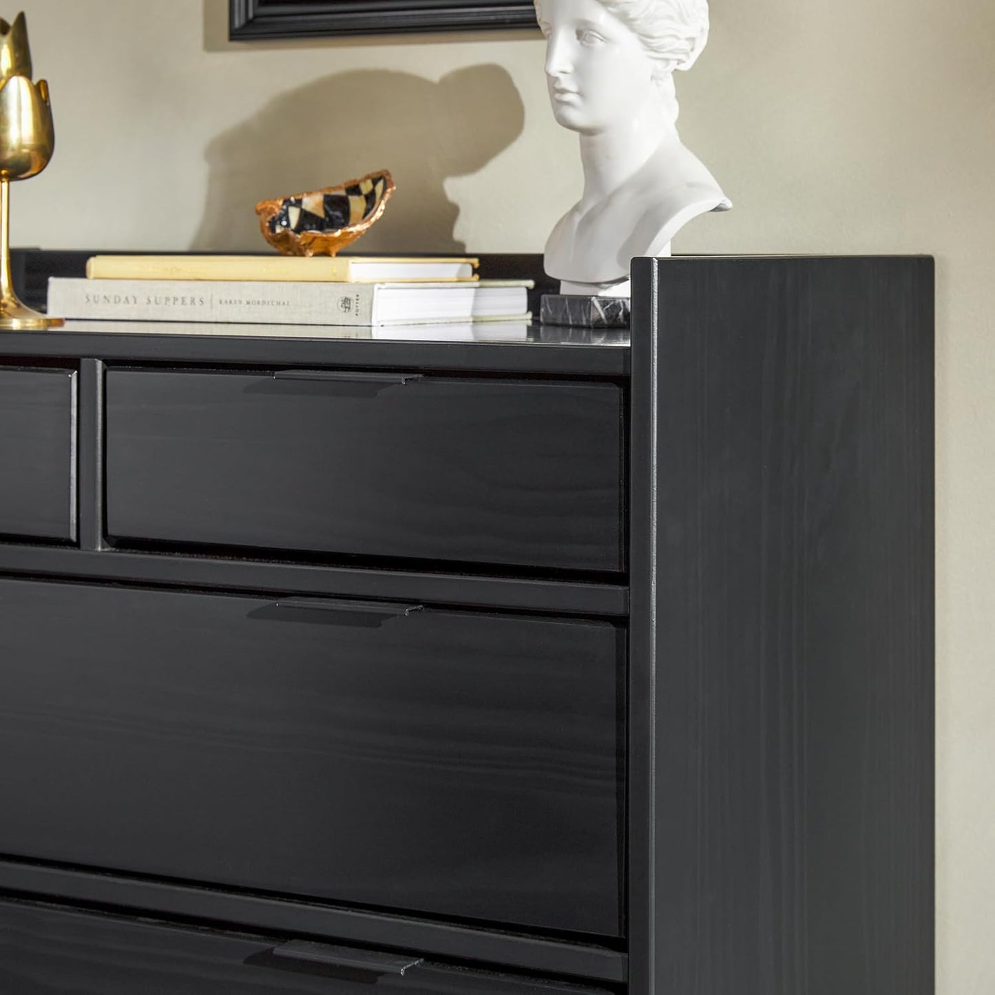 Blythe Mid-Century Modern Tray-Top Solid Wood 6-Drawer Dresser, 30 Inch, Black