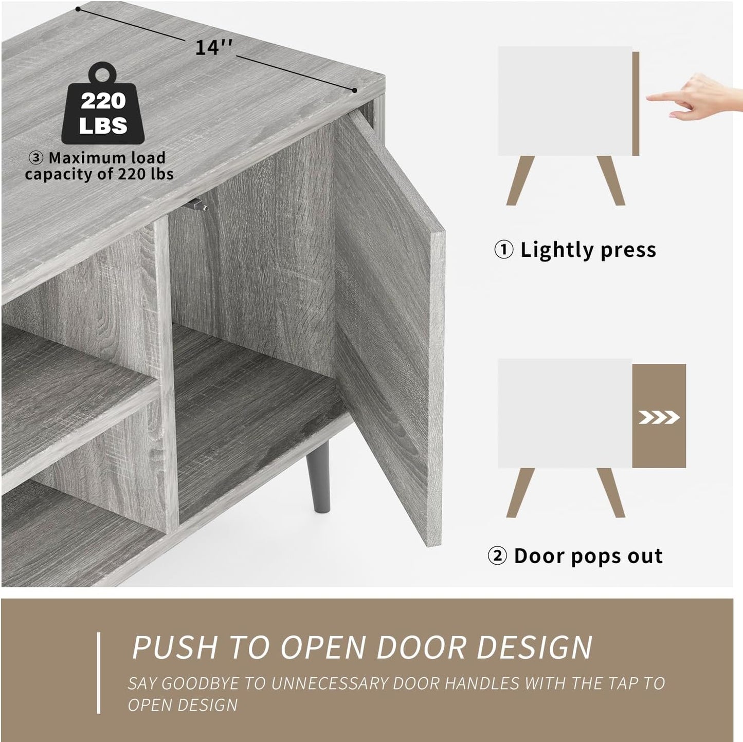 TV Stand for 65 Inch TV, Mid Century Modern TV Stand, Entertainment Center with Storage Cabinet and Open Shelves, TV Console Table Media Cabinet for Living Room, and Bedroom (Gray)