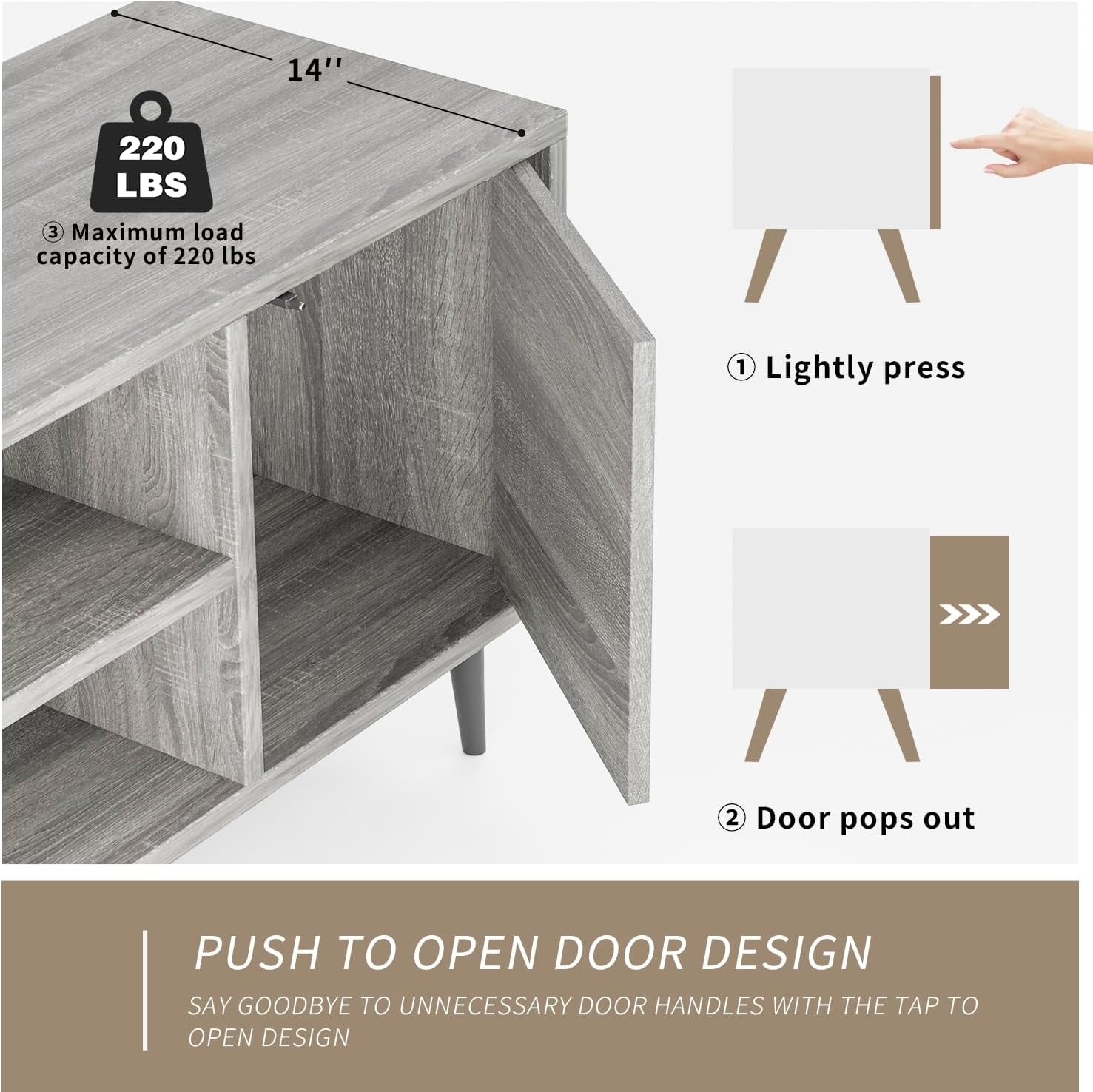TV Stand for 65 Inch TV, Mid Century Modern TV Stand, Entertainment Center with Storage Cabinet and Open Shelves, TV Console Table Media Cabinet for Living Room, and Bedroom (Gray)