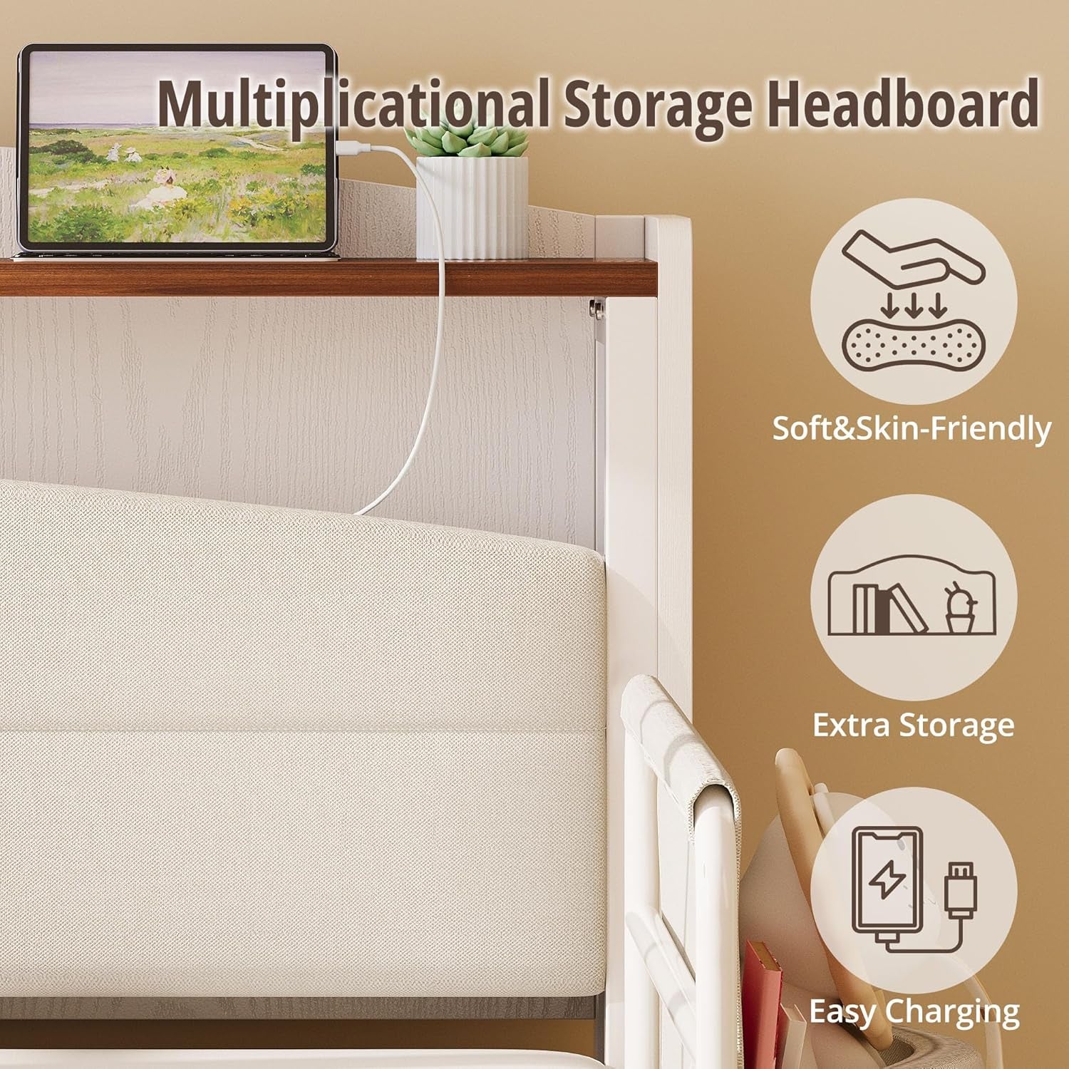 Twin Bed Frame with Rails, Farmhouse Platform Bed with 2 Drawers, Upholstered Storageheadboard & Charging Station for Boys Girls Teens, No Box Spring Needed, White/Walnut