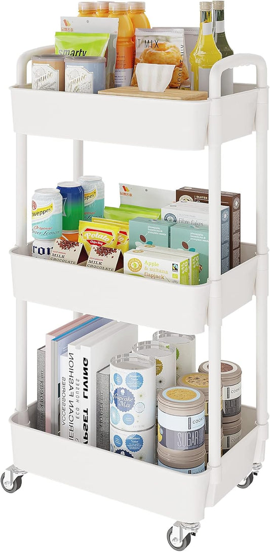 3-Tier Rolling Cart with Wheels,Multifunction Utility Storage Carts, Kitchen Storage Organizer,Mobile Shelving Unit for Bathroom,Laundry,With Classified Stickers,White