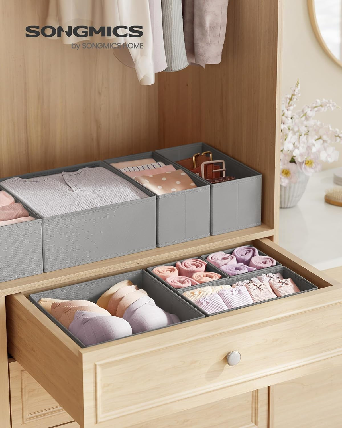 Drawer Organizers, Dresser Divider Organizers, Set of 18, Foldable Fabric Storage Boxes for Socks, Underwear, Bras, Ties, Scarves, Dove Gray URDZ006G05
