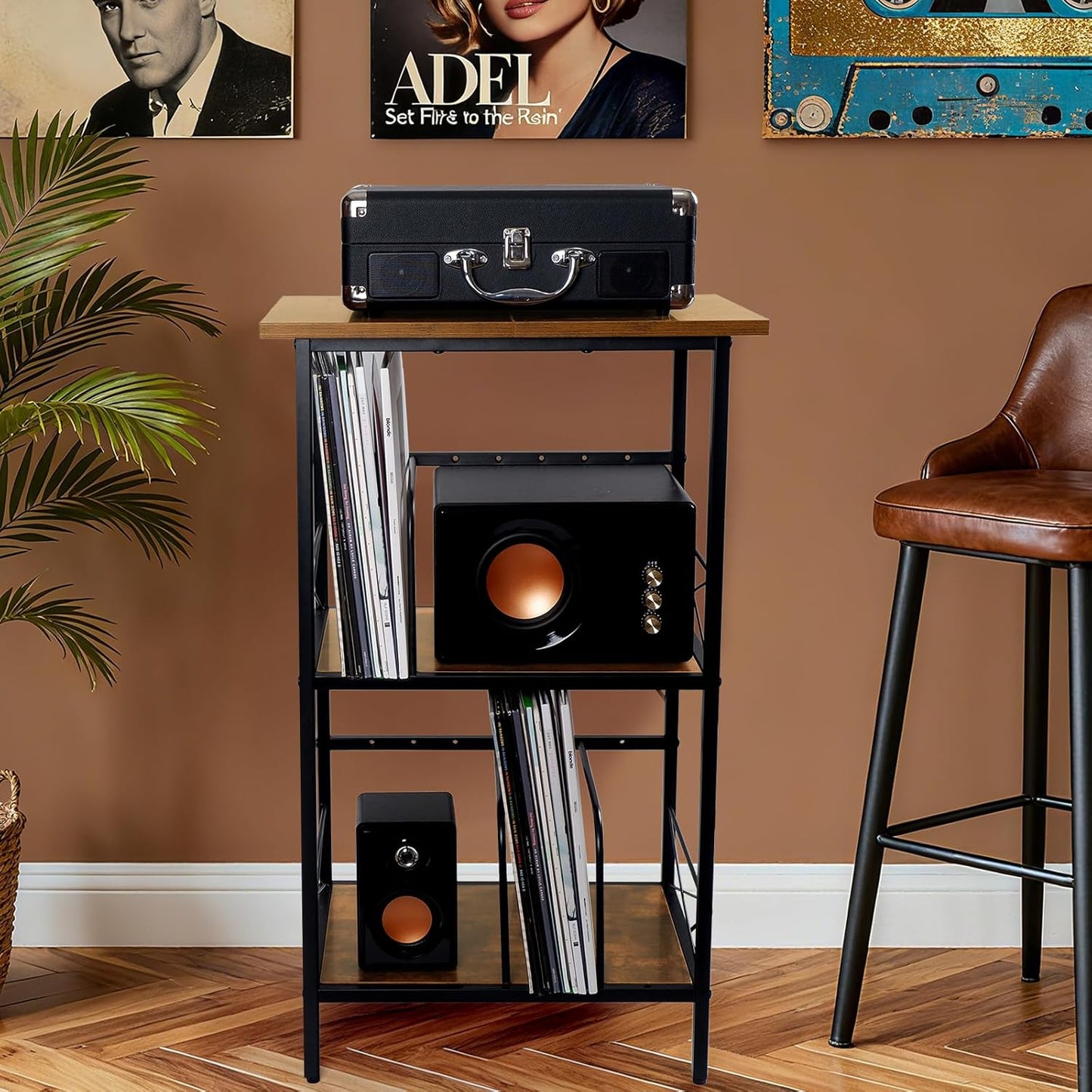 Record Player Stand with 4 Adjustable Dividers, Vinyl Record Storage Holds 200 Lps, 3 Layer End Table, Multi-Functional Record Player Table for Home, Rustic Brown