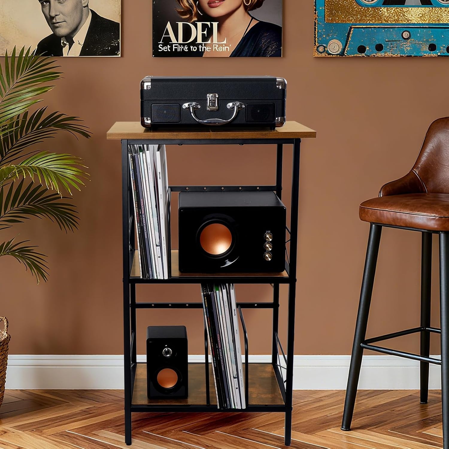 Record Player Stand with 4 Adjustable Dividers, Vinyl Record Storage Holds 200 Lps, 3 Layer End Table, Multi-Functional Record Player Table for Home, Rustic Brown