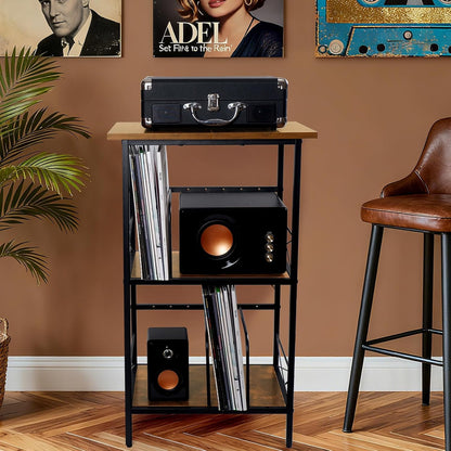 Record Player Stand with 4 Adjustable Dividers, Vinyl Record Storage Holds 200 Lps, 3 Layer End Table, Multi-Functional Record Player Table for Home, Rustic Brown