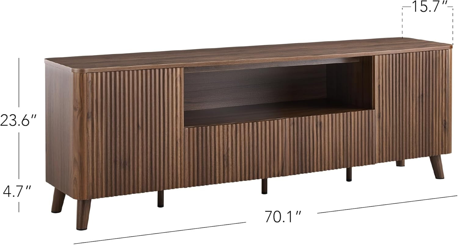 TV Stands for Living Room, Mid Century Modern TV Stand for 80 Inch TV with Storage, Drawers, Adjustable Shelves, Walnut