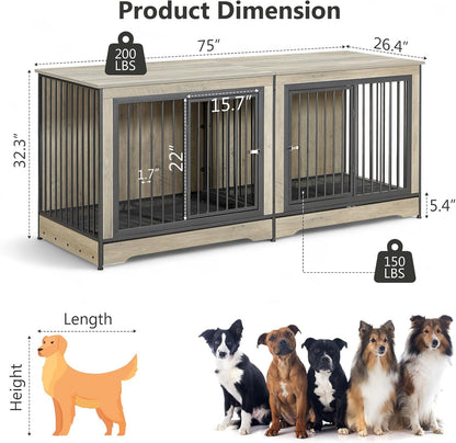 75 Inch Dog Crate Furniture for 2 Dogs, Wooden Dog Cage Furniture, Decorative Dog Kennels with Double Doors, Double Dog Kennel Furniture, Dog Crate TV Stand for Large Dogs, Grey
