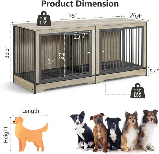 75 Inch Dog Crate Furniture for 2 Dogs, Wooden Dog Cage Furniture, Decorative Dog Kennels with Double Doors, Double Dog Kennel Furniture, Dog Crate TV Stand for Large Dogs, Grey
