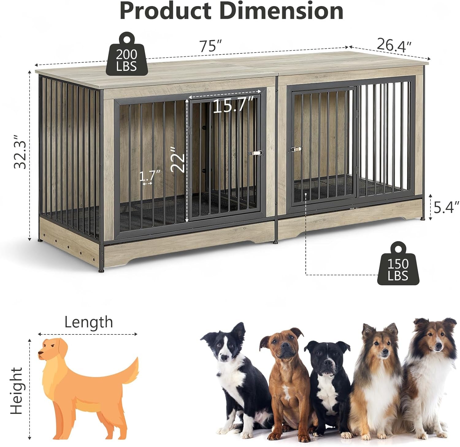 86 Inch Double Dog Crate Furniture, Dog Cage Furniture with Removable Divider & Trays, Large Wooden Dog Crates for 2 Dogs Indoor with Three Doors, Rustic Brown