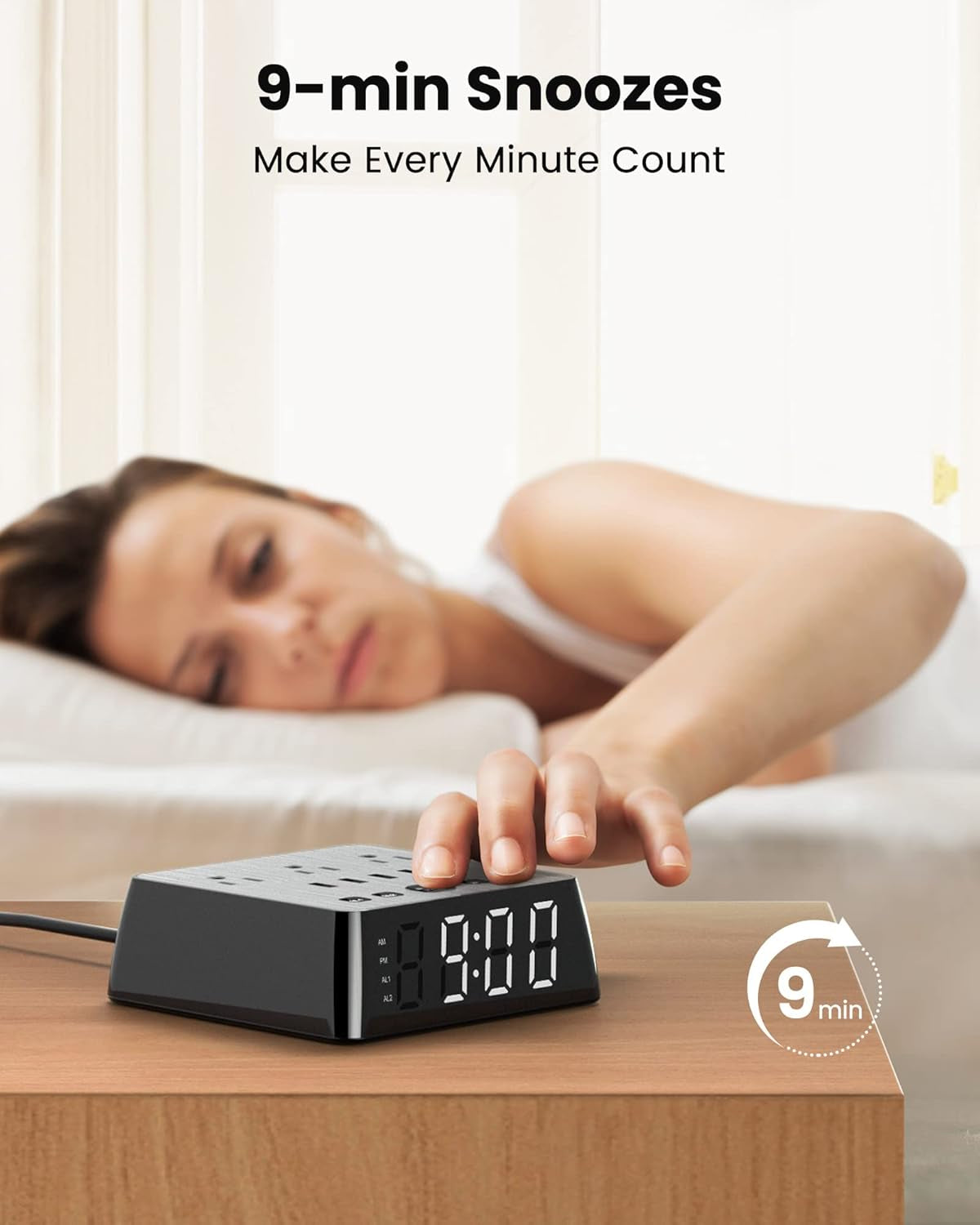 Alarm Clock with 4 USB Chargers Power Strip 3 Outlets 1700J Surge Protector Nightstand Dimmable Digital Clock with Dual Alarm and Snooze Function for Bedroom, Full Screen LED Display