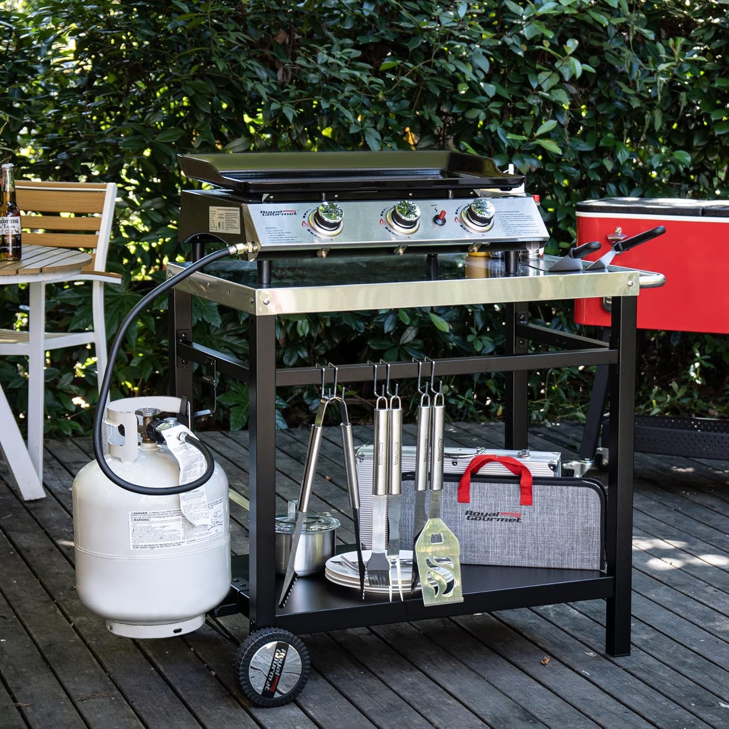 Dining Cart Table with Double-Shelf, Movable Stainless Steel Flattop Grill Cart, Hooks, Side Handle, Multifunctional PC3401S (Silver)