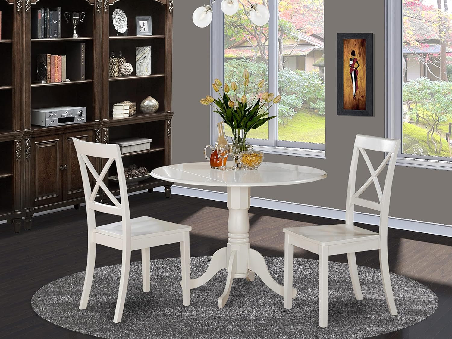 DLBO5-WHI-W 5 Piece Kitchen Table Set for 4 Includes a round Dining Room Table with Dropleaf and 4 Solid Wood Seat Chairs, 42X42 Inch, Linen White