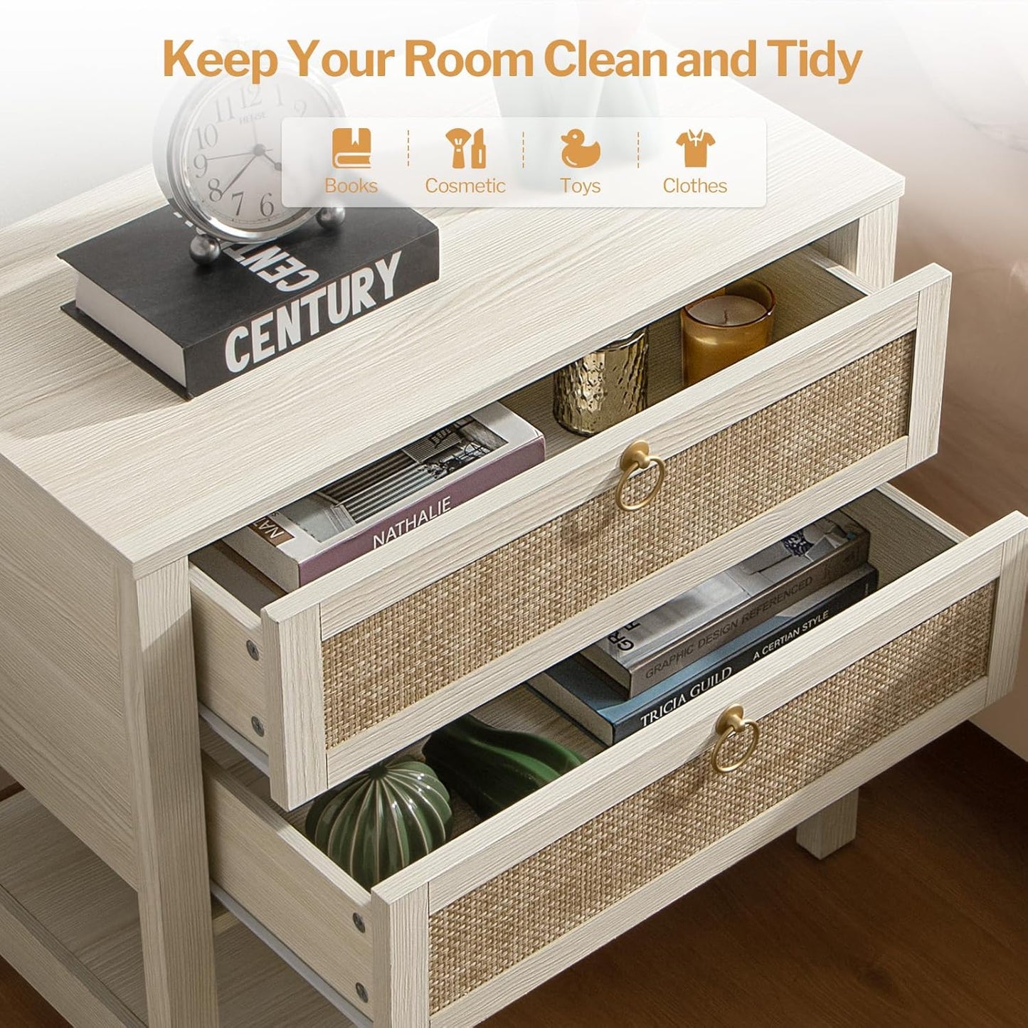 White Night Stand Set of 2, Large Nightstand with Drawers and Storage Shelf - Rattan Boho Bedside Table Narrow Side Table for Bedroom, Small Space
