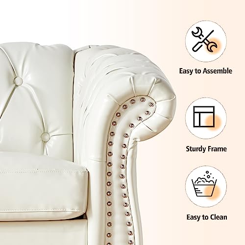Chesterfield Chair, Modern Faux Leather Tufted Accent Sofa Couch Chair with Rolled Arms and Nailhead for Living Room, Bedroom, Office, Apartment (White)