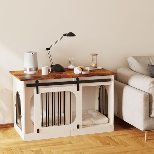 XL Dog Crate Furniture,39.4" Decorative Dog Kennel with Barn Door & Cushion, view 2