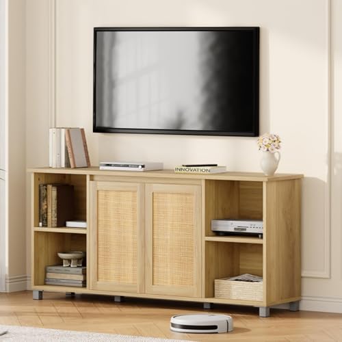 Rattan TV Stand for 65" TVs, Natural Oak Media Console, view 2