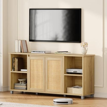 Rattan TV Stand for 65" TVs, Natural Oak Media Console, view 2