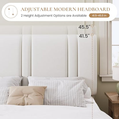 Queen Size Velvet Bed Frame with Adjustable Headboard, White, view 6