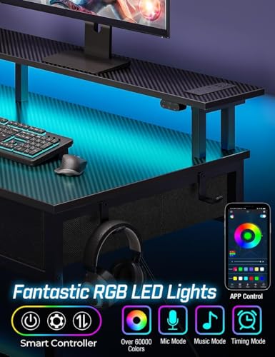 Computer Desk with Power Outlets & LED Light, 39 inch Home Office Desk with 3 Drawers and Storage Shelves, Writing Desk with Monitor Stand, Modern Work Desk for Home Office, Carbon Black