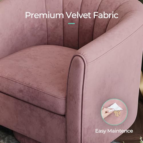 Swivel Accent Chair Ottoman Set: Velvet Small Barrel Chair with Foot Rest, Modern Reading Chair Upholstered Armchair with Footrest for Living Room Bedroom Study Room Office (Pink)