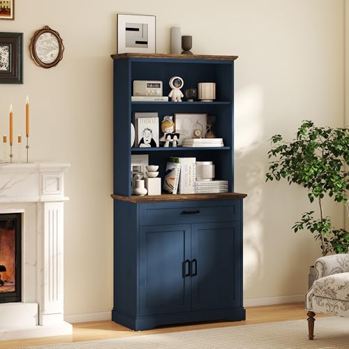 72" Bookcase with Doors & Drawer, Blue Adjustable Bookshelf with Cabinet, view 2
