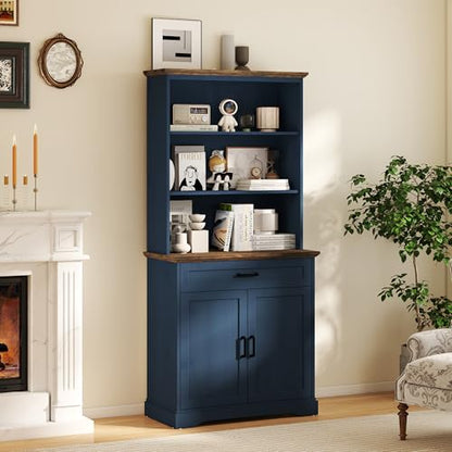 72" Bookcase with Doors & Drawer, Blue Adjustable Bookshelf with Cabinet, view 2