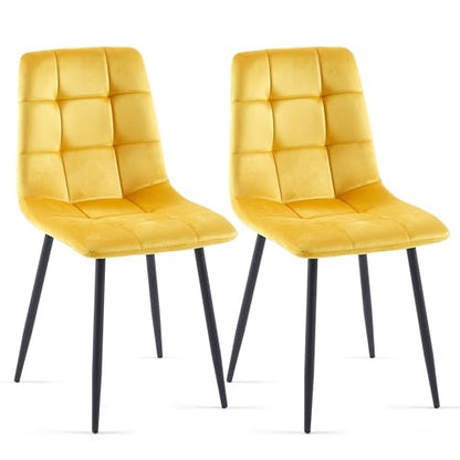 Yellow Velvet Dinner Chairs Set of 2, Modern Armless Biscuit Tufted Dining Side Chairs with Metal Legs for Kitchen Living Room Vanity