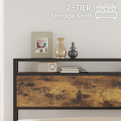 King Size Bed Frame with 2-Tier Storage Shelf Headboard, view 5