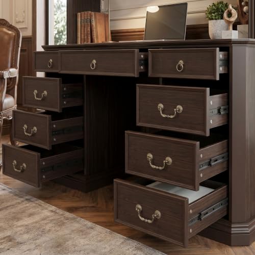 Lighted Writing Desk with Hutch and Drawers, 62" W x 82.7" H, Brown, view 8