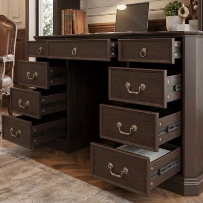 Lighted Writing Desk with Hutch and Drawers, 62" W x 82.7" H, Brown, view 8
