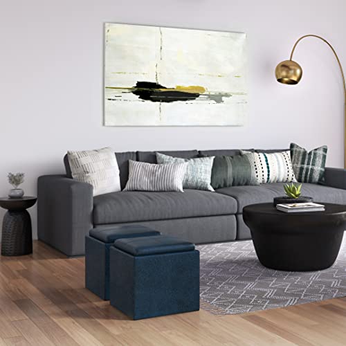 Rockwood Cube Storage Ottoman with Tray - 17" Wide x 17" High Upholstered Vegan Leather Square Storage Ottoman in Distressed Dark Blue, Contemporary Cube Ottoman with Serving Tray