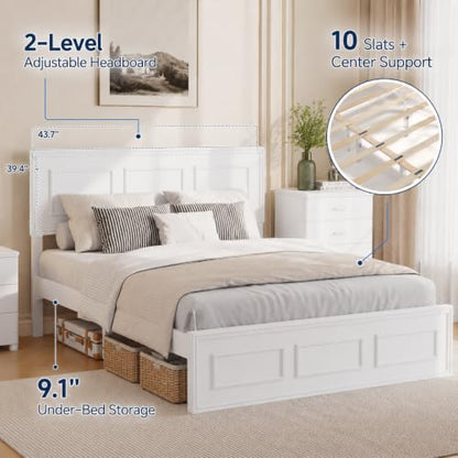 White Farmhouse Wood Full Size Bed Frame with Adjustable Headboard, view 5