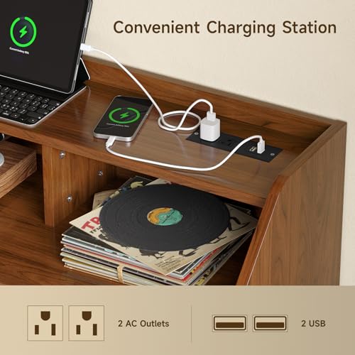 55 Inch Record Player Stand with LED Light, Walnut, view 5