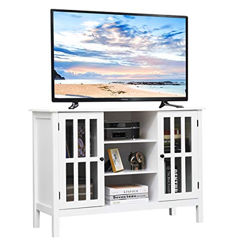 White TV Stand, Modern Tall Entertainment Center for TVs up to 50", Media Console w/2 Storage Cabinets & 3 Open Shelves, Wire Hole, Wood TV Console Table for Living Room, White