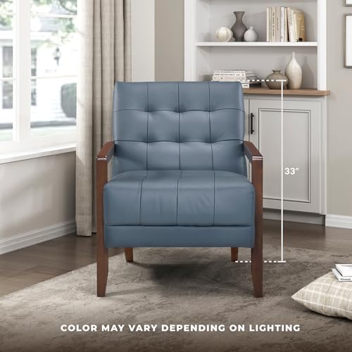 Modern Accent Chair, Luxury Genuine Leather Match Living Room Chair with Tufted Cushions, Solid Wood Frame and Arm Rest, Comfy Upholstered Single Seat for Bedroom/Reading/Office, Blue