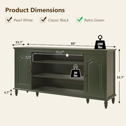 70" TV Stands for Living Room, Farmhouse TV Console, Vintage Green, view 3