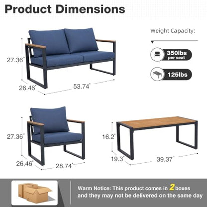 Patio Furniture Set, 4 Pieces Outdoor Patio Furniture with Coffee Table Set, Metal Patio Conversation Sets with Washable and High-Resiliency Sponge Cushions, Upgrade Blue