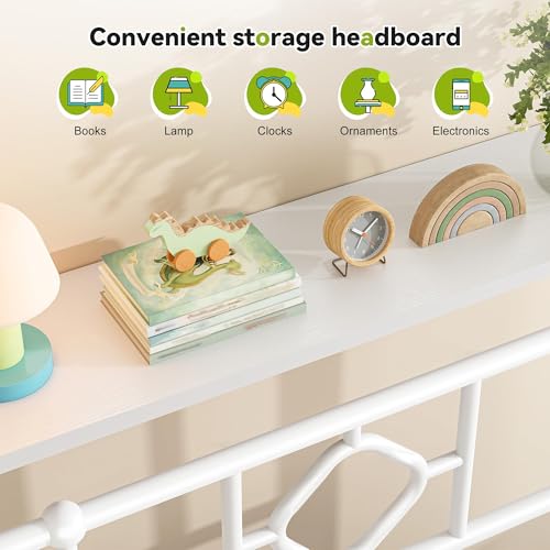 Full Canopy Bed Frame with Storage Headboard,Noise-Free,White, view 4