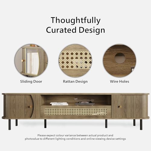 79"Fluted TV Stand with Sliding Doors, TV Consoles for Living Room,Oak, view 4