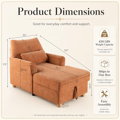 63" Oversized Chaise Lounge Chair Indoor, Orange, view 3