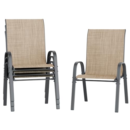 Patio Chairs Set of 4, Outdoor Stackable Dining Chairs for All Weather, Breathable Garden Outdoor Furniture for Backyard Deck, Brown