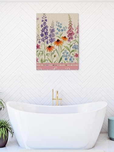 NuYeBiofx Summer Wildflower Retro Linen Canvas Wall Art Prints,48"x32" Framed Picture Artwork Colorful Floral Green Leaf Printed Canvas Oil Painting for Living Room Bedroom Office,Ready to Hang