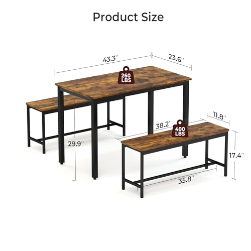 Dining Table Set for 4, 3-Piece Kitchen Table with 2 Benches, Space-Saving Dining Room Set for Breakfast Nook and Small Spaces, Brown