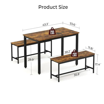 Dining Table Set for 4, 3-Piece Kitchen Table with 2 Benches, Space-Saving Dining Room Set for Breakfast Nook and Small Spaces, Brown