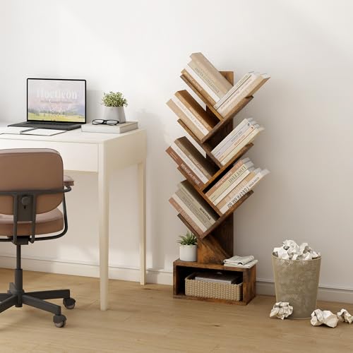 6 Tier Tree Bookshelf, Tall Bookcase with Drawer, Freestanding Book Shelf, Display Floor Standing Storage Shelf, Book Organizer Shelves for Home Office, Rustic Brown