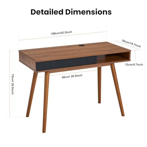 Walnut Wood Desk with Drawer, 42.5" Mid Century Modern Writing Desk, view 3