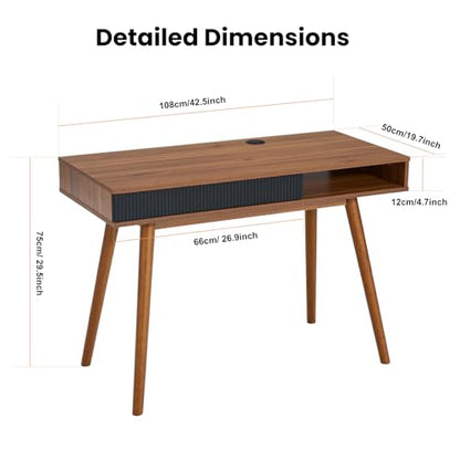 Walnut Wood Desk with Drawer, 42.5" Mid Century Modern Writing Desk, view 3