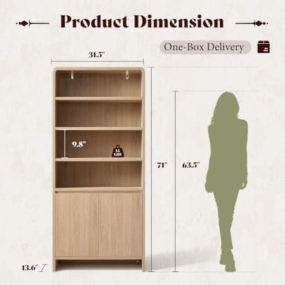 71" Modern Wood Bookcase with Storage Cabinets, Nature Oak, view 3