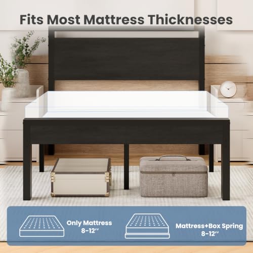 14 Inch Full Size Bed Frame with Wood Headboard, Black, view 7